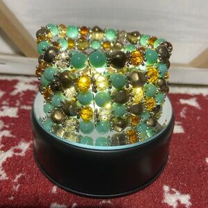 Elegant Beaded Stretch Bracelet with Gold Tone, Blue and Brown Accents